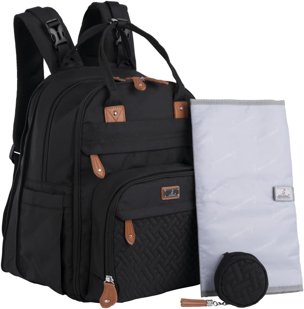 BabbleRoo Extra Large Diaper Bag Backpack, Expandable Baby Bag with Up to 50% More Capacity - Travel Essentials Baby Bag Tote with Changing Pad, Stroller Straps & Pacifier Case - Unisex, Black