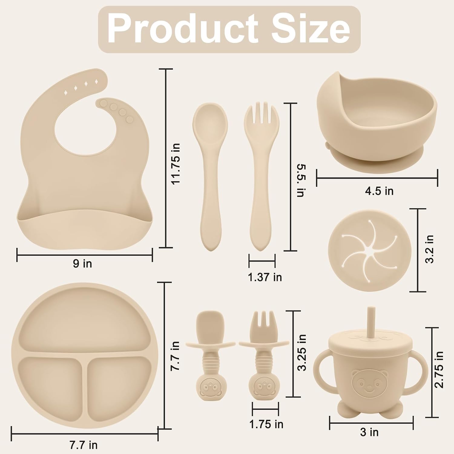 Silicone Baby Feeding Set | Baby Led Weaning Supplies Includes Suction Bowls and Divided Plates, Adjustable Bib, Baby Utensils Spoons and Forks,Cup | Baby Feeding Essentials (Beige) - Image 7