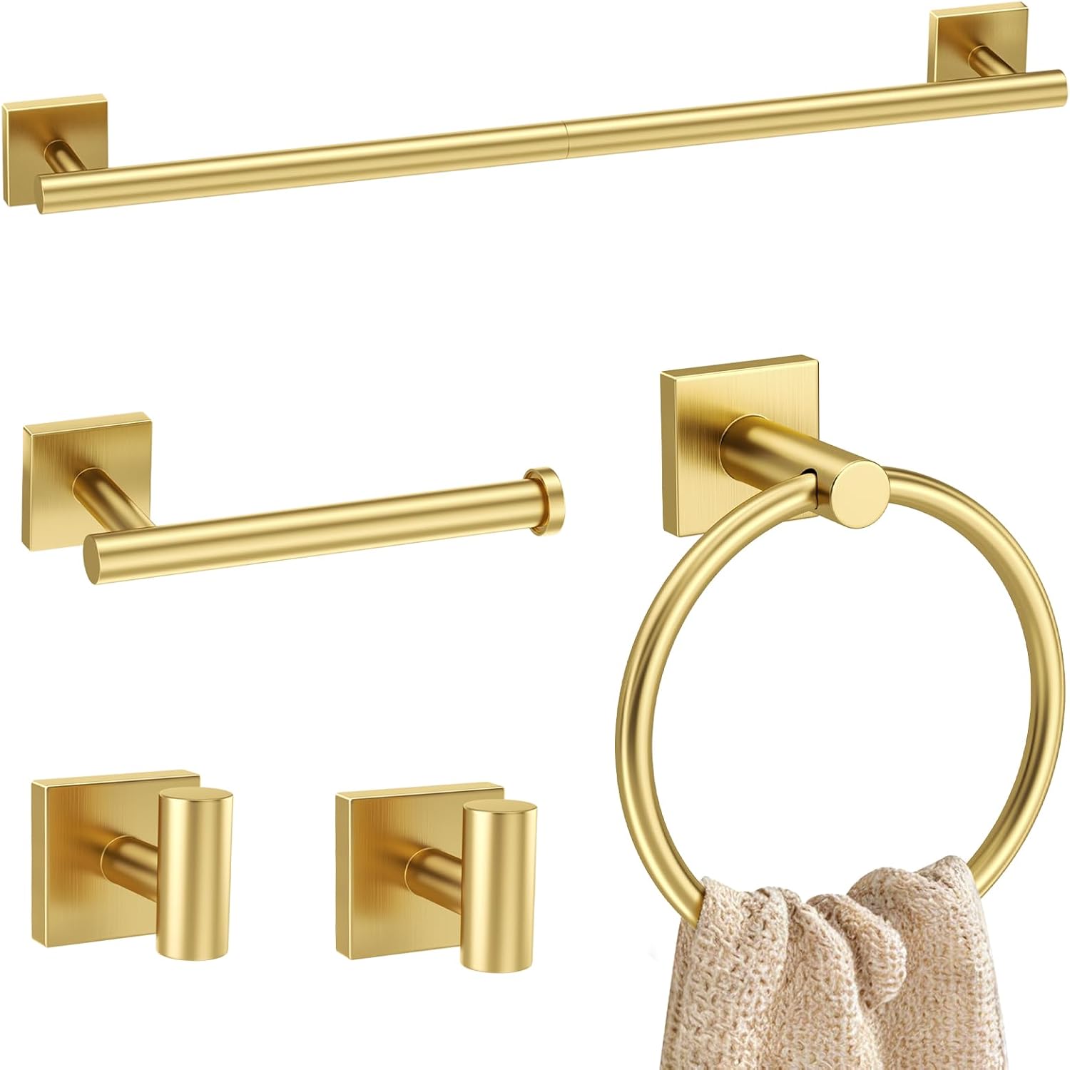 5 Pieces Brushed Gold Bathroom Hardware Set Towel Bar Set Stainless Steel Wall-Mounted Bathroom Accessories Set 23.6 Inch Towel Racks for Bathroom