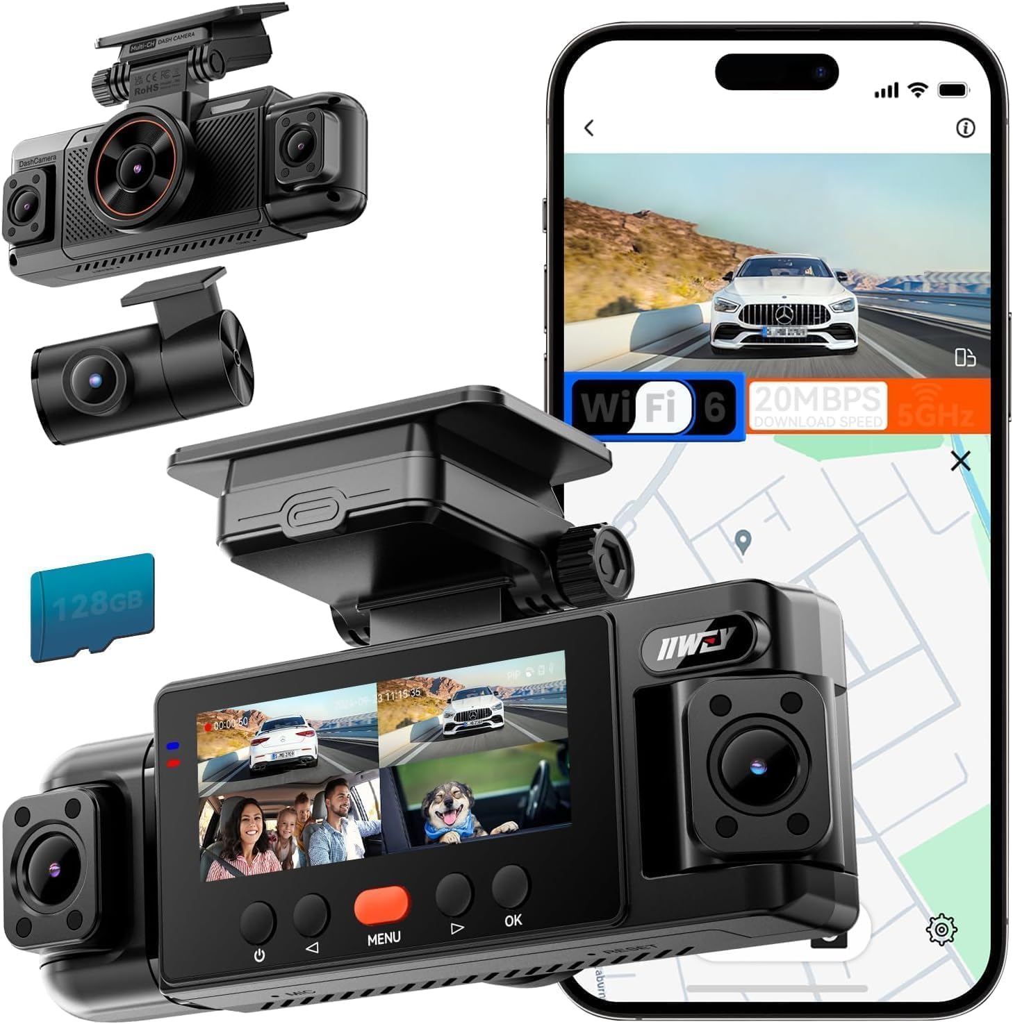 IIWEY N6 360° Dash Cam 4 Channel, Free 128GB Card, 8 IR Lights Night Vision