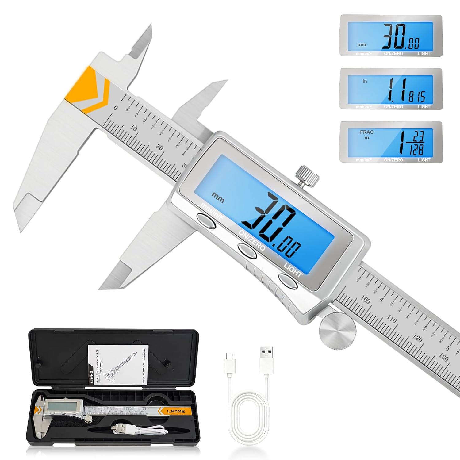 Digital Caliper, Rechargeable Caliper Measuring Tool with Backlight LCD Screen,Vernier Dial Caliper Stainless Steel with Auto-Off Feature,Inch Metric Fraction Conversion, for Jewelers/Woodworkers/DIY