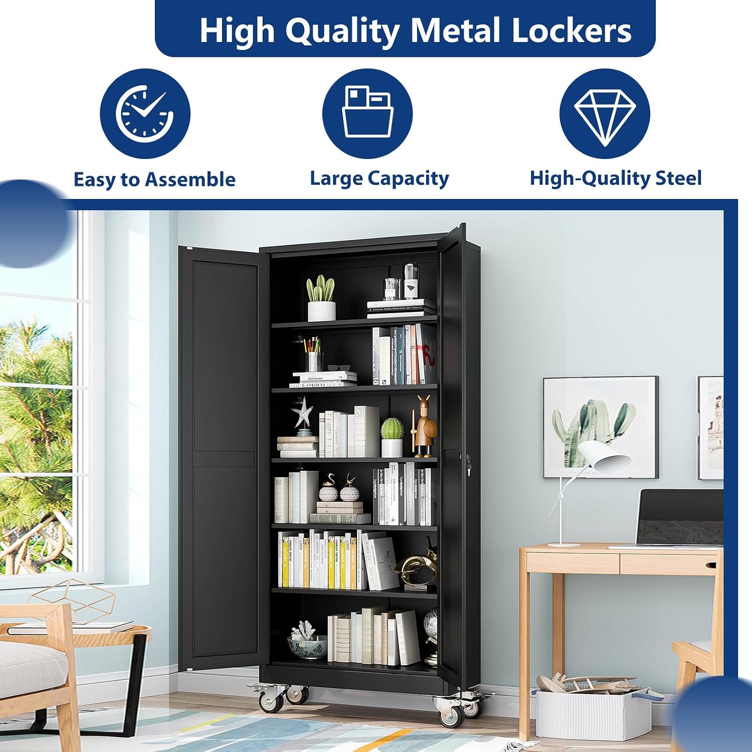 Ckzbx Metal Garage Storage Cabinet with Locking Doors and Adjustable Shelves,75" H Rolling Tool Storage with Wheels for Garage,Office (Black) - Image 3