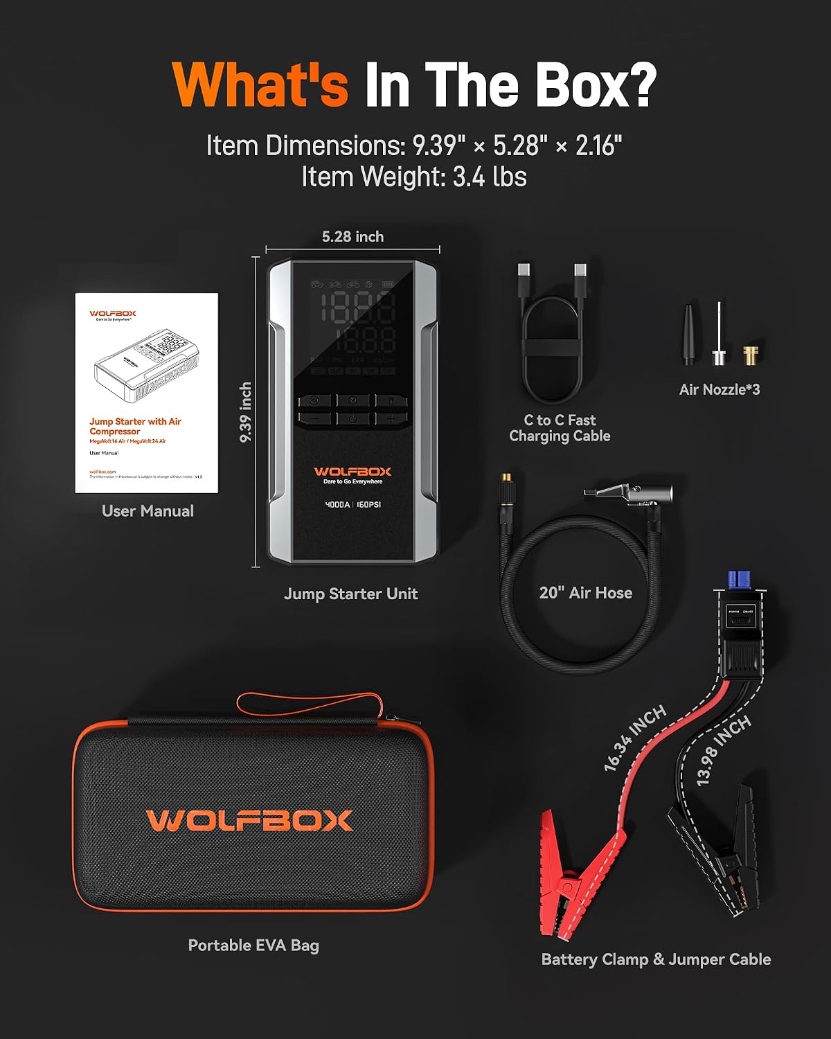 WOLFBOX MV24A 4000A Jump Starter with 160PSI Air Compressor, 12V Car Battery Booster, 88.8Wh Portable Jump Box (10L Gas/10L Diesel) with 65W Fast Charging, Tire Inflator, Jumper Cables, LED Light - Image 9
