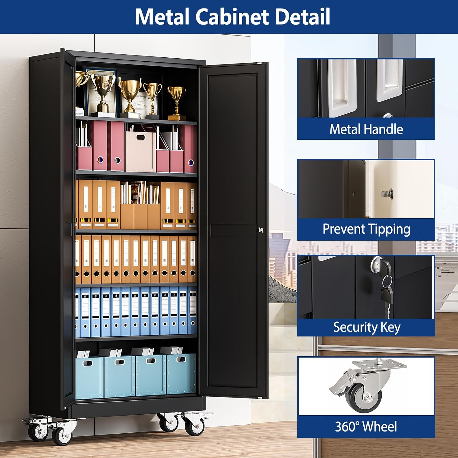 Ckzbx Metal Garage Storage Cabinet with Locking Doors and Adjustable Shelves,75" H Rolling Tool Storage with Wheels for Garage,Office (Black) - Image 4