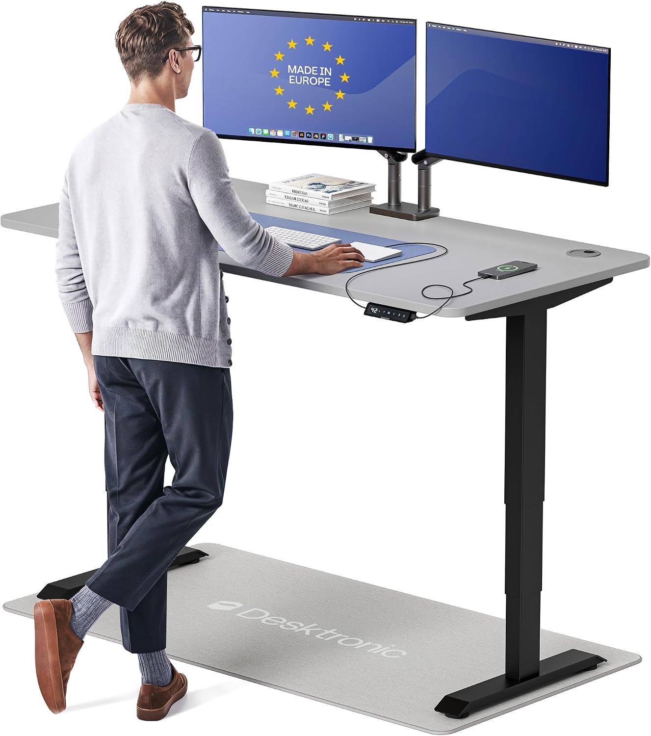 Desktronic HomePro Standing Desk 60x30 — Made in Europe, Ergonomic Sit Stand Home Office Desk, Electric Height Adjustable, Dual Motor, USB & USB-C Charging, Wobble-Free, Touchscreen, 3 Memory Presets