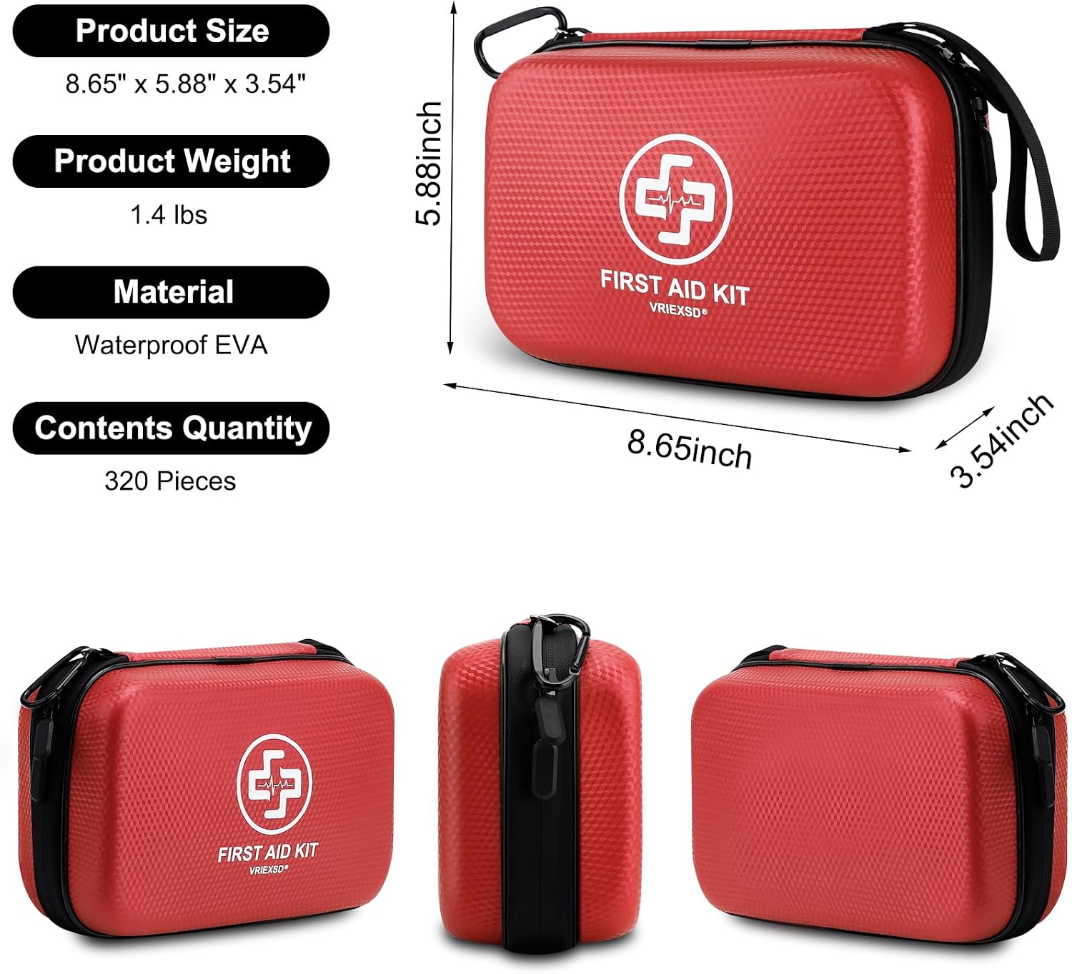 VRIEXSD Premium 320-Piece First Aid Kit, Waterproof EVA Hard Shell Case,Red - Image 2
