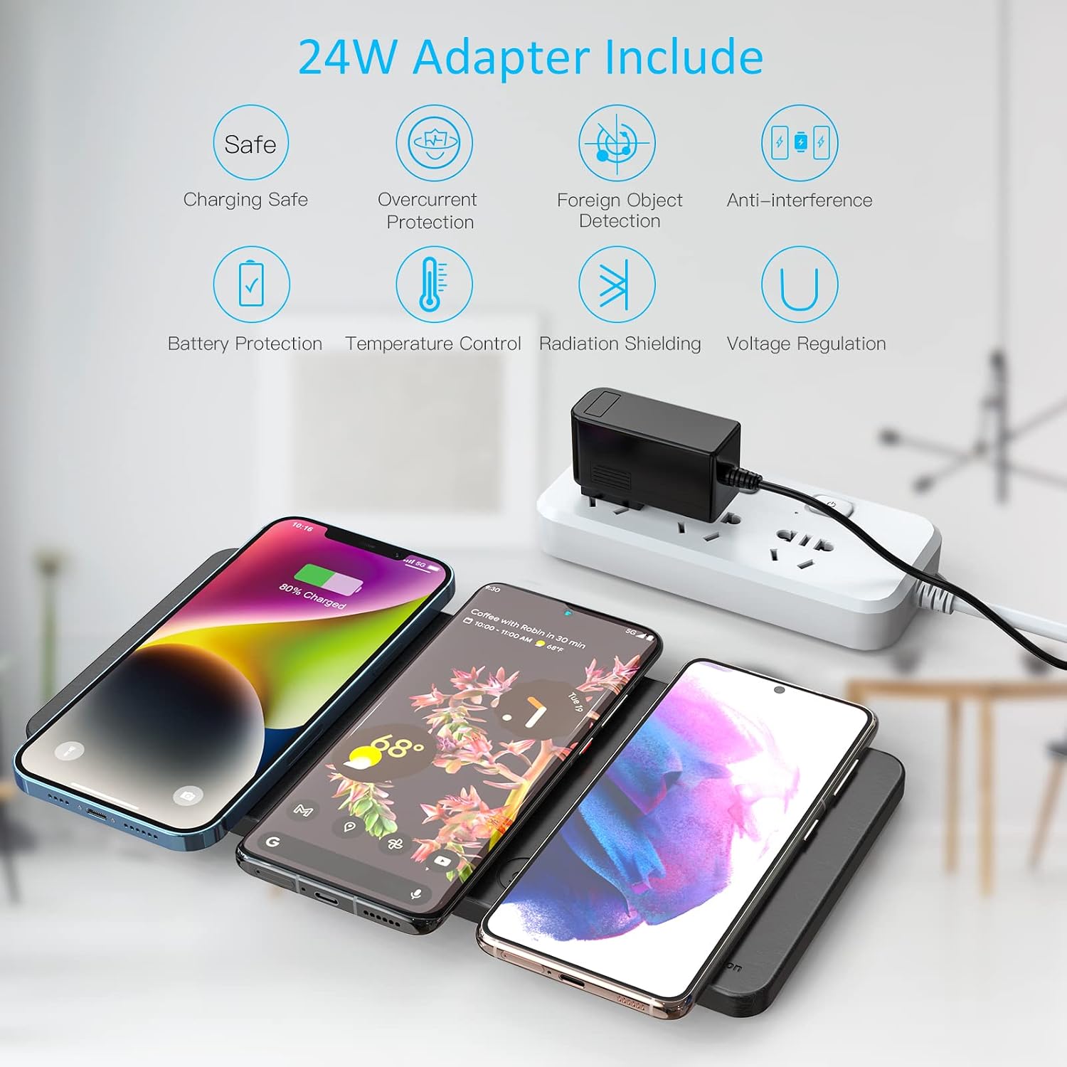 ZealSound Wireless Charging Pad, 3 in 1 Charger Mat for iPhone, Samsung Galaxy, Pixel, AirPods & Galaxy Buds, 24W Adapter Included, Ultra Slim, Case Friendly, PU Leather, for Home Office & Travel - Image 3