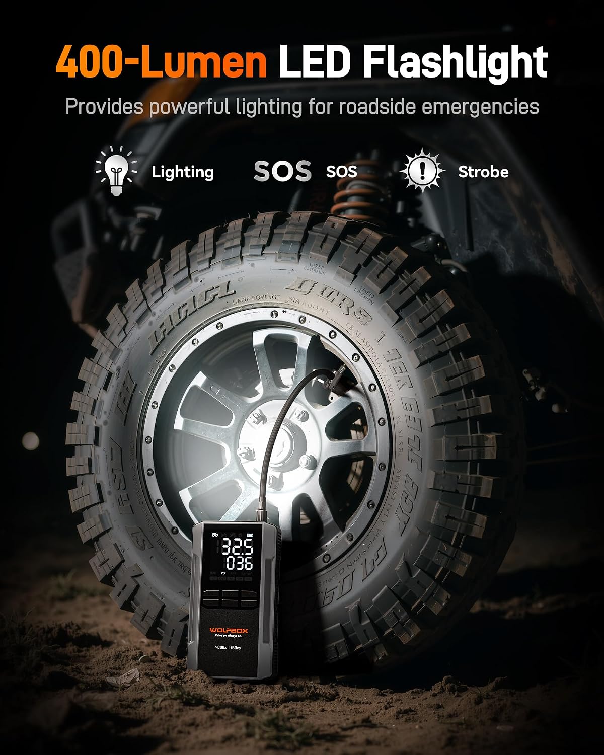 WOLFBOX MV24A 4000A Jump Starter with 160PSI Air Compressor, 12V Car Battery Booster, 88.8Wh Portable Jump Box (10L Gas/10L Diesel) with 65W Fast Charging, Tire Inflator, Jumper Cables, LED Light - Image 6