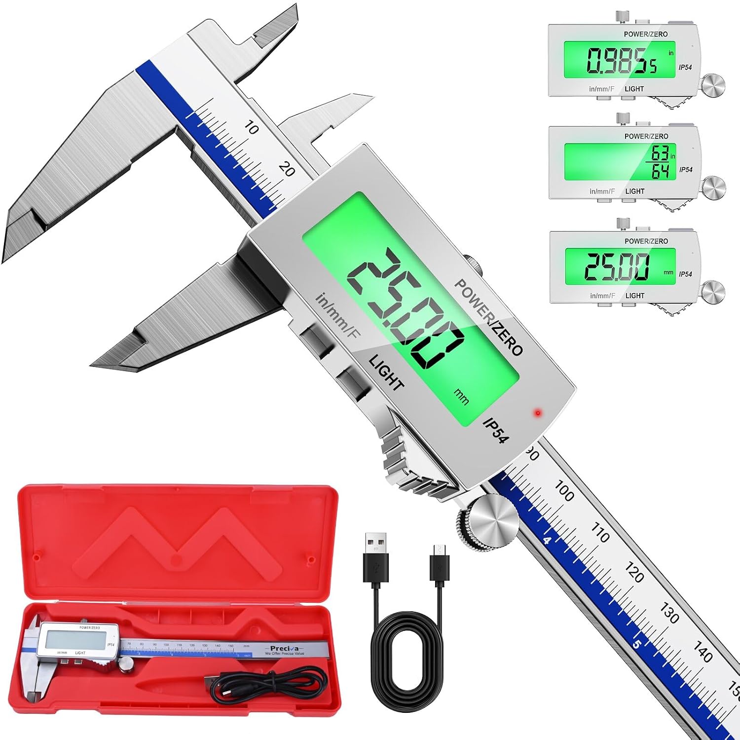 Preciva Backlight Digital Caliper, 6 Inch Rechargeable Electronic Micrometer with IP54 Waterproof and Large LCD Screen Conversions for in/MM/F Precision Measuring Tool for DIY/Professional Use