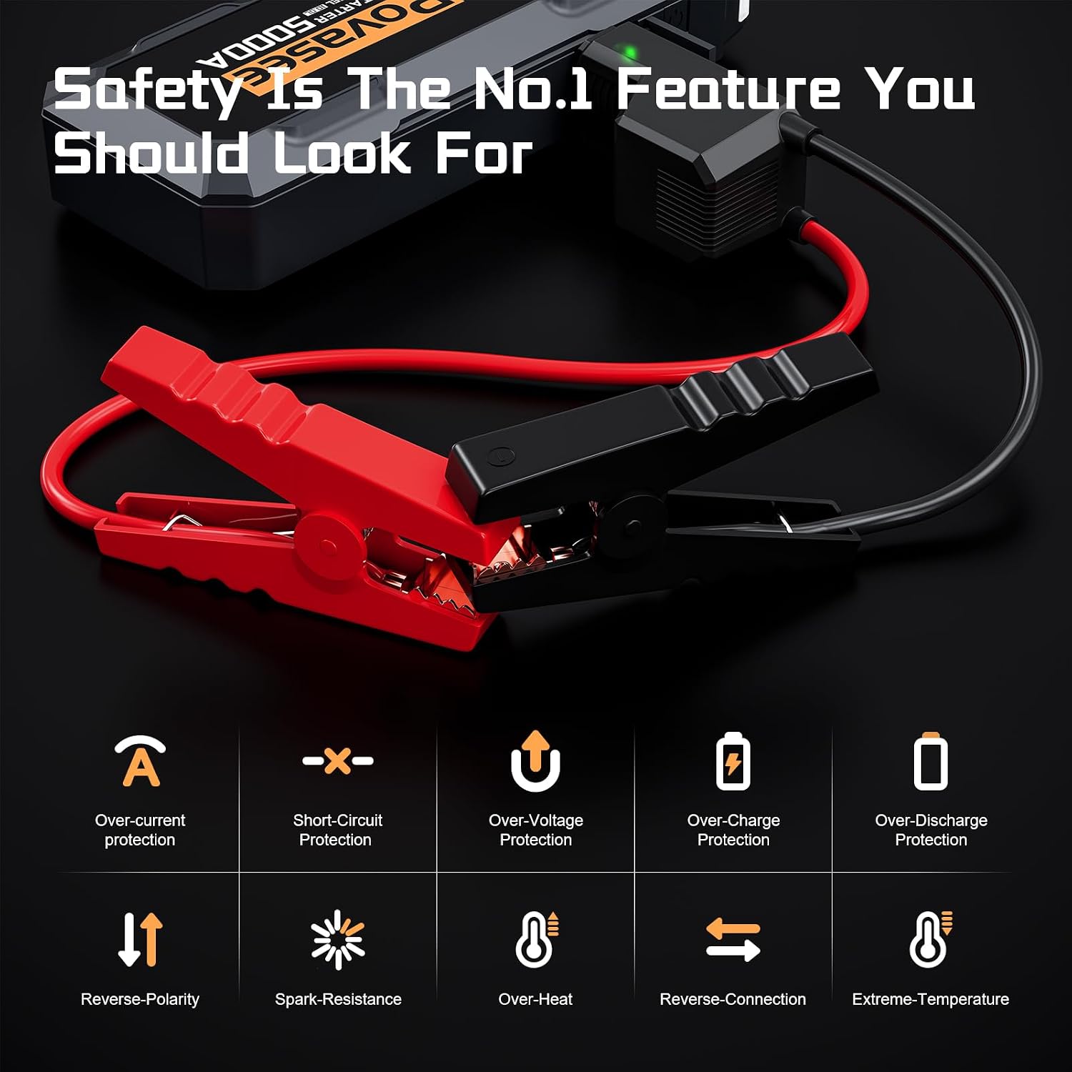 5000A Jump Starter Povasee A40 Car BatteryJump Starter, 12V Jump Box for Car Up to All Gas or 10L Diesel Engine Battery Jumper Starter Portable with 3" LCD Display/Dual Output/LED Light - Image 7