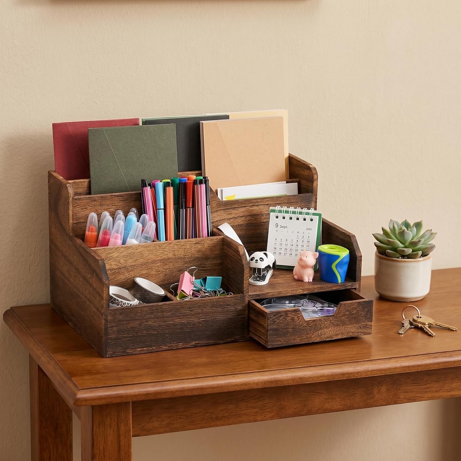 Pumtus Brown Wooden Desk Organizer, Mail Organizer with 7 Compartments and Drawer, Rustic Mail Sorter with Pen Holder, Tabletop Mail Basket, Office Accessories Holder for File Letter Document - Image 7