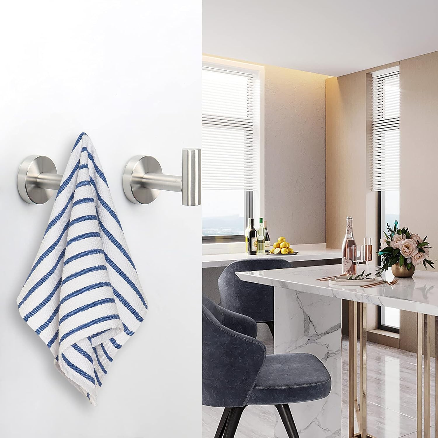 NearMoon Bath Towel Hooks- SUS 304 Stainless Steel Robe Hook Holder, Heavy Duty Coat Hook for Bathroom Livingroom Hotel Kitchen Garage, Wall Mounted- 4 Pack (Brushed Nickel) - Image 8