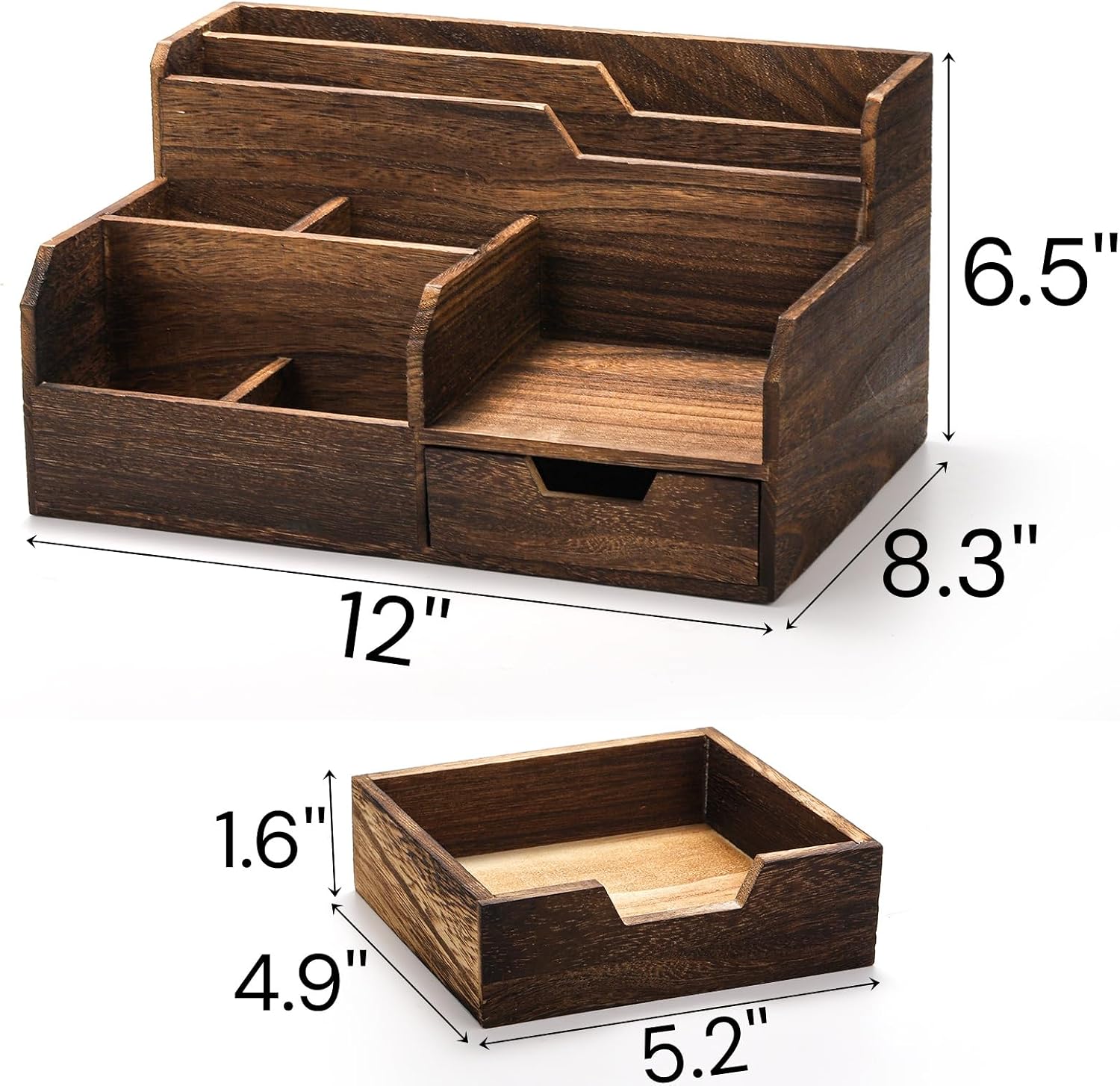 Pumtus Brown Wooden Desk Organizer, Mail Organizer with 7 Compartments and Drawer, Rustic Mail Sorter with Pen Holder, Tabletop Mail Basket, Office Accessories Holder for File Letter Document - Image 2