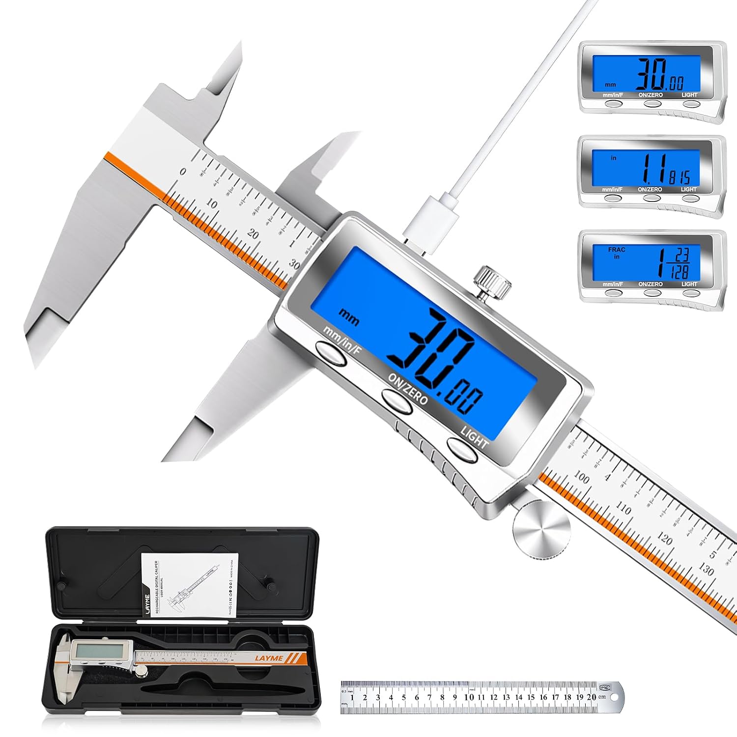 Digital Caliper, Rechargeable Digital Calipers with Backlight LCD & Auto-Off, Stainless Steel Measuring Tool, Inch/MM/Fraction Conversion for 3D Printing DIY Woodworking 6 Inch