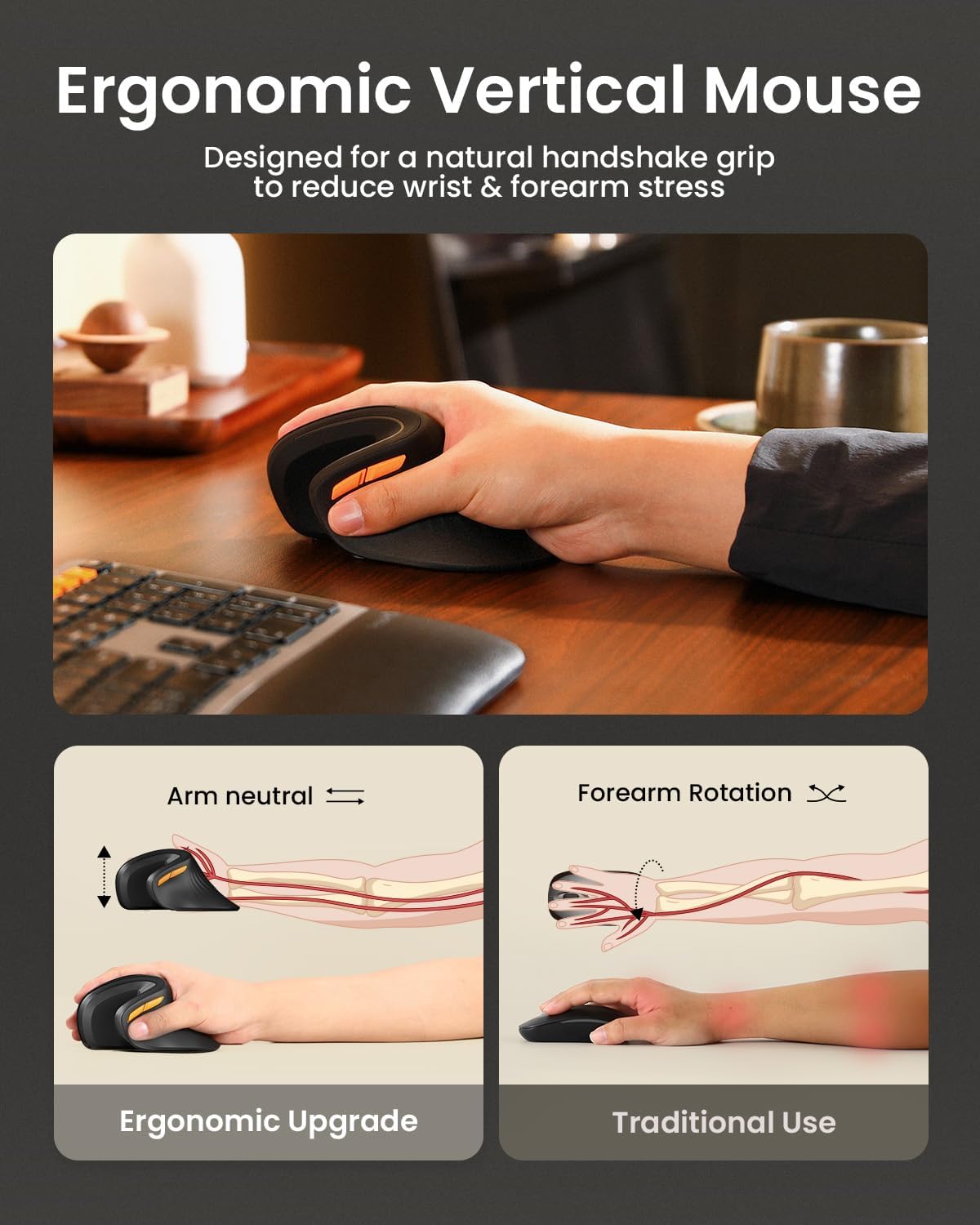 ProtoArc EM11 NL Wireless Ergonomic Vertical Mouse, Rechargeable, Black - Image 7