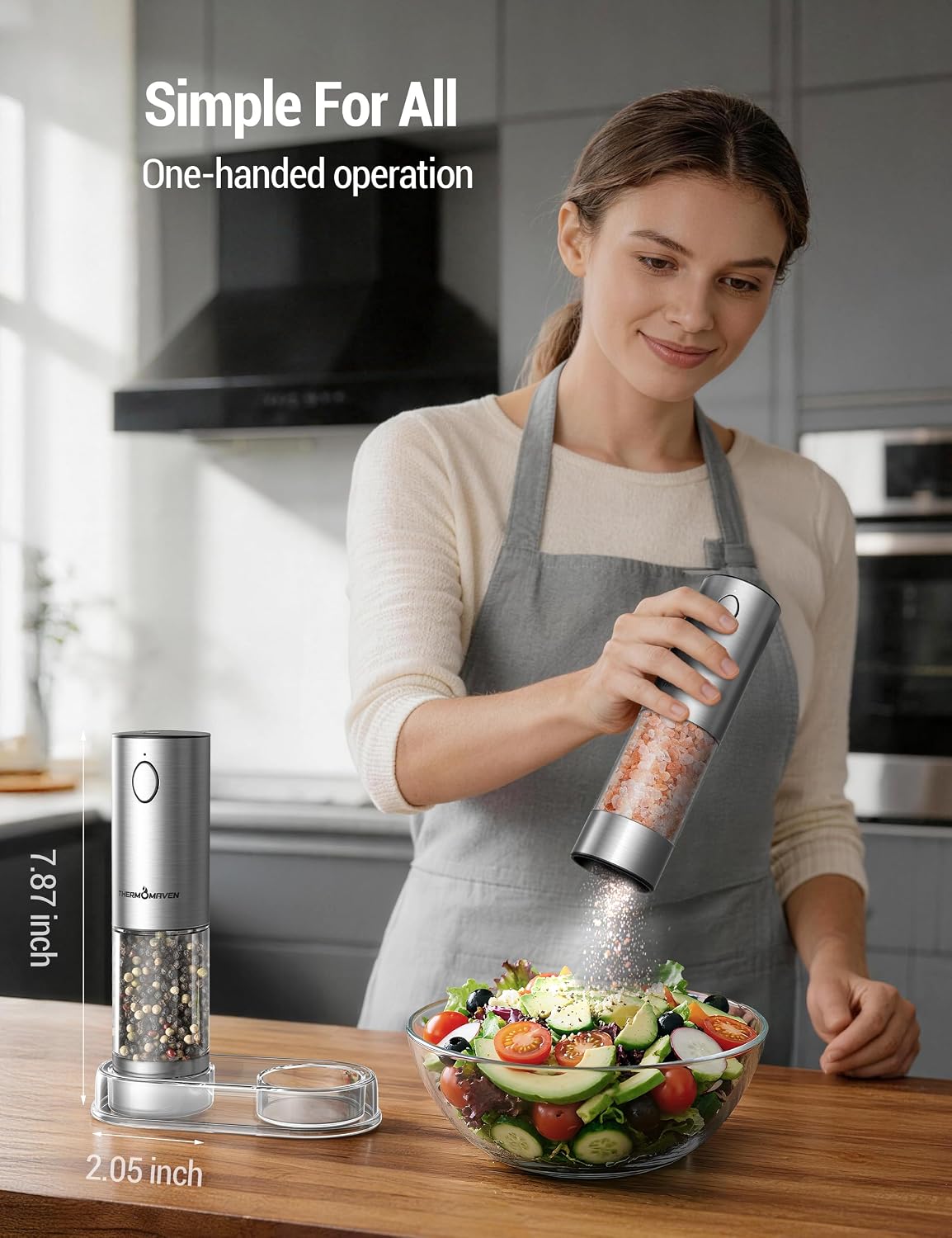 ThermoMaven Upgraded Larger Capacity Electric Salt and Pepper Grinder Set, 110ml Rechargeable Salt and Pepper Shaker with LED Light, Stainless Steel Automatic Pepper Mill with 6 Adjustable Coarseness - Image 3