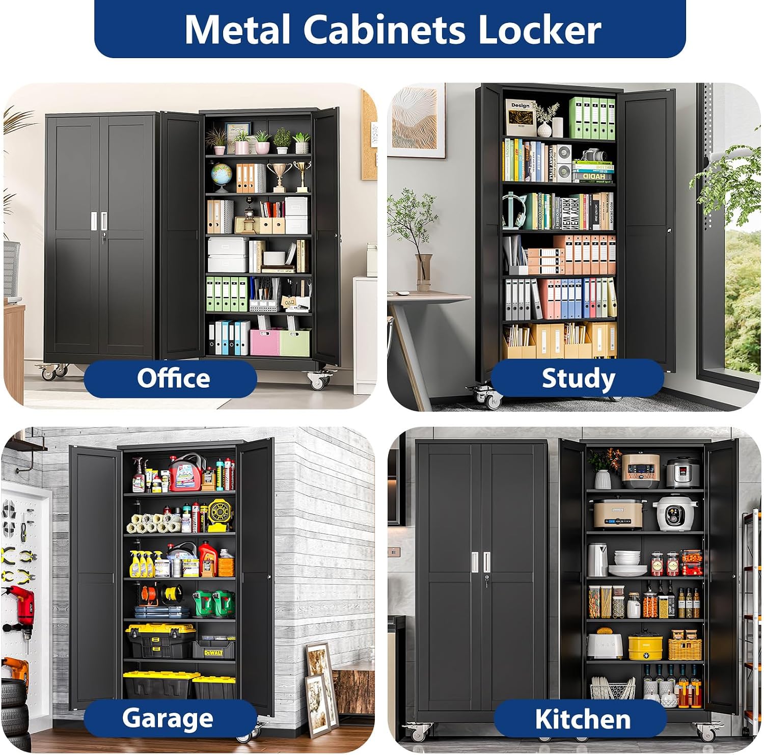 Ckzbx Metal Garage Storage Cabinet with Locking Doors and Adjustable Shelves,75" H Rolling Tool Storage with Wheels for Garage,Office (Black) - Image 5