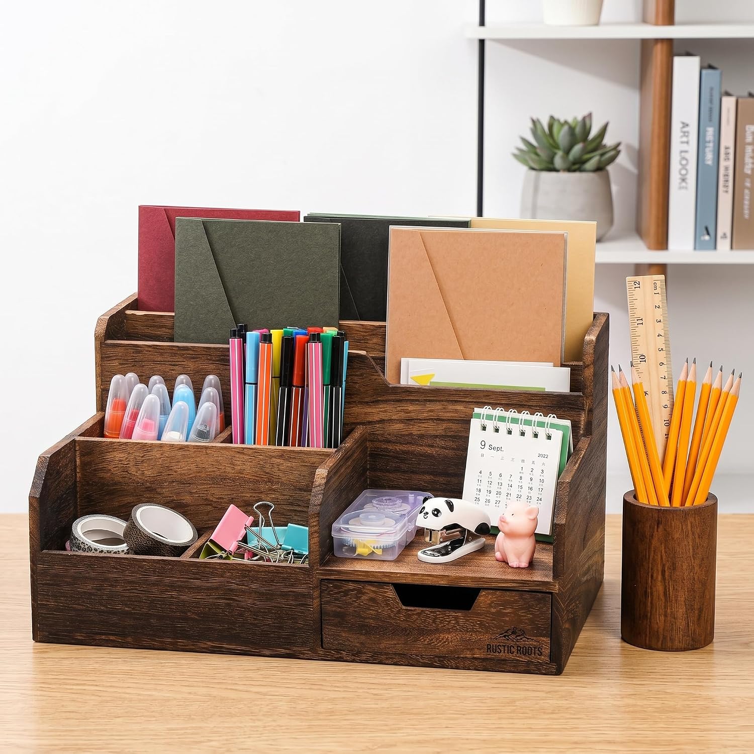 Pumtus Brown Wooden Desk Organizer, Mail Organizer with 7 Compartments and Drawer, Rustic Mail Sorter with Pen Holder, Tabletop Mail Basket, Office Accessories Holder for File Letter Document - Image 8