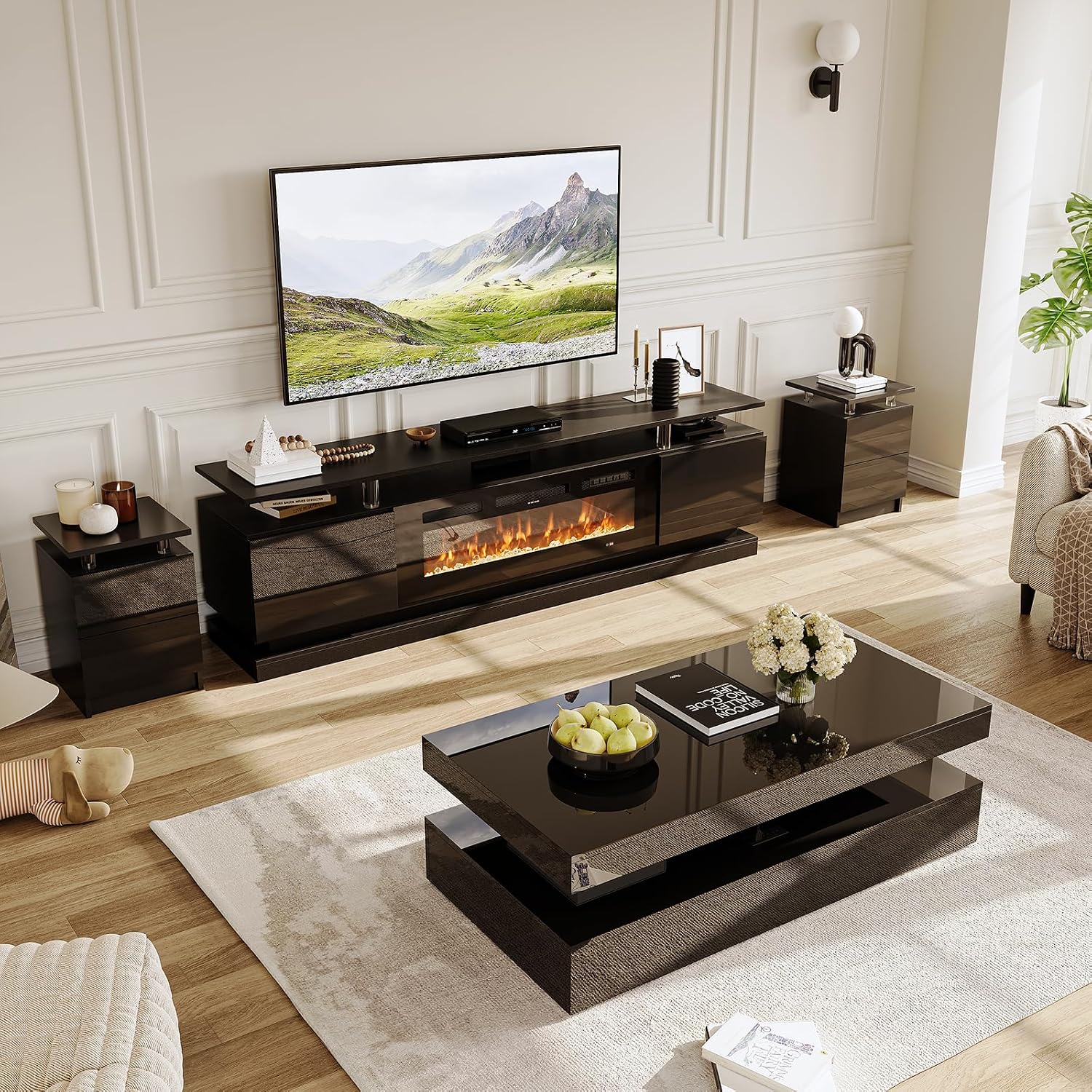 4-Piece Modern Living Room Table Set, Black