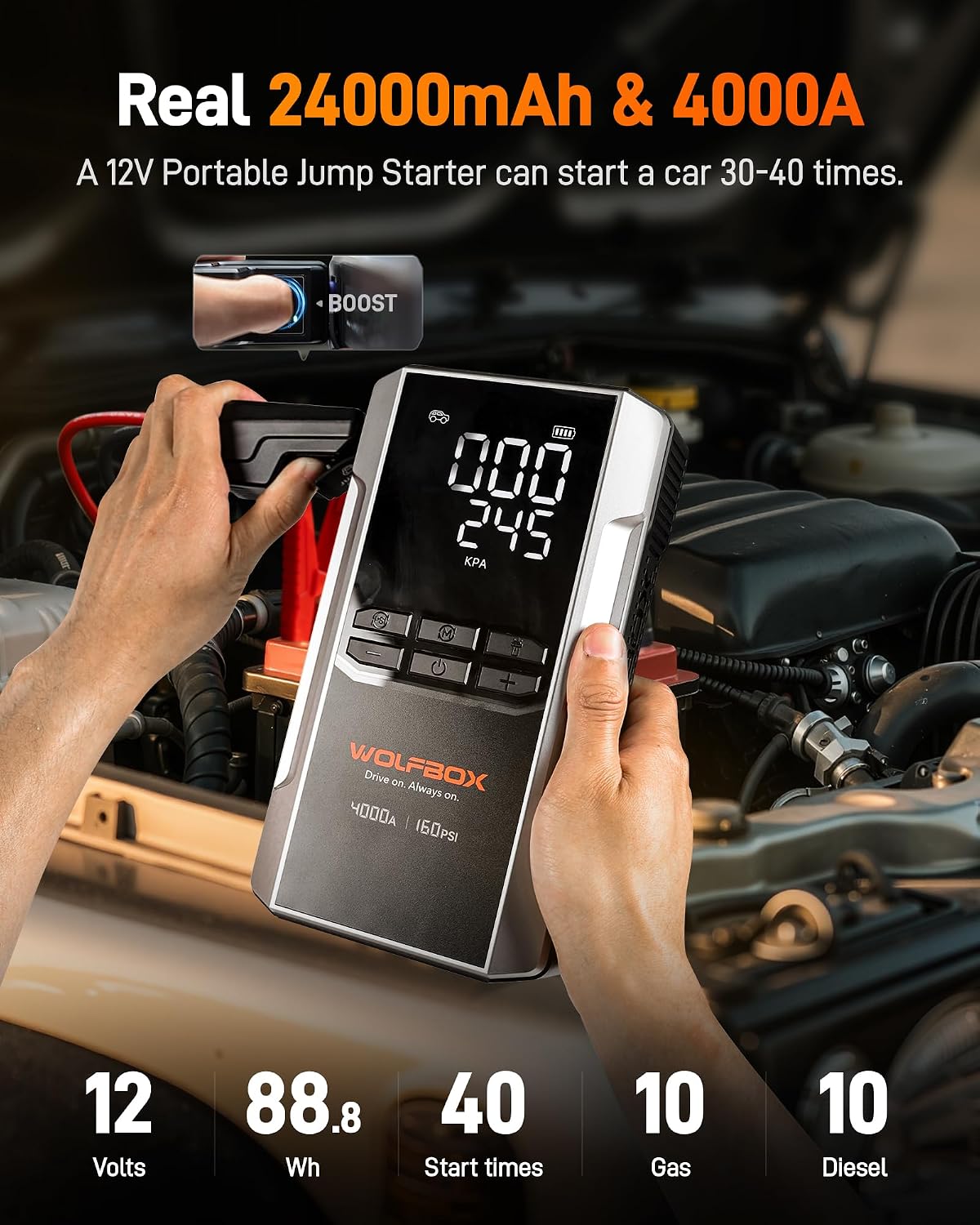 WOLFBOX MV24A 4000A Jump Starter with 160PSI Air Compressor, 12V Car Battery Booster, 88.8Wh Portable Jump Box (10L Gas/10L Diesel) with 65W Fast Charging, Tire Inflator, Jumper Cables, LED Light - Image 3