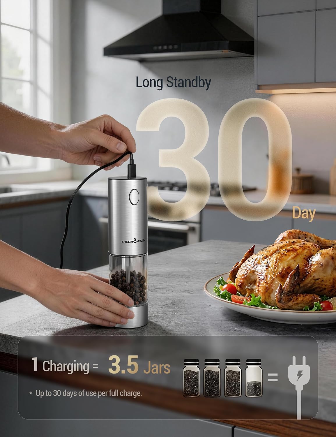 ThermoMaven Upgraded Larger Capacity Electric Salt and Pepper Grinder Set, 110ml Rechargeable Salt and Pepper Shaker with LED Light, Stainless Steel Automatic Pepper Mill with 6 Adjustable Coarseness - Image 4