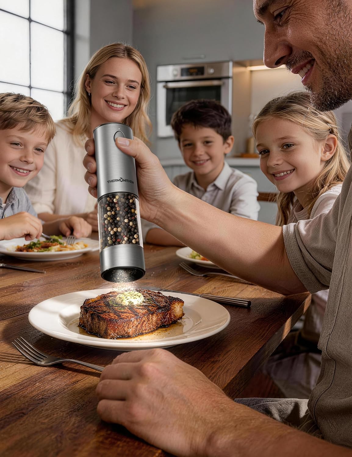ThermoMaven Upgraded Larger Capacity Electric Salt and Pepper Grinder Set, 110ml Rechargeable Salt and Pepper Shaker with LED Light, Stainless Steel Automatic Pepper Mill with 6 Adjustable Coarseness - Image 10
