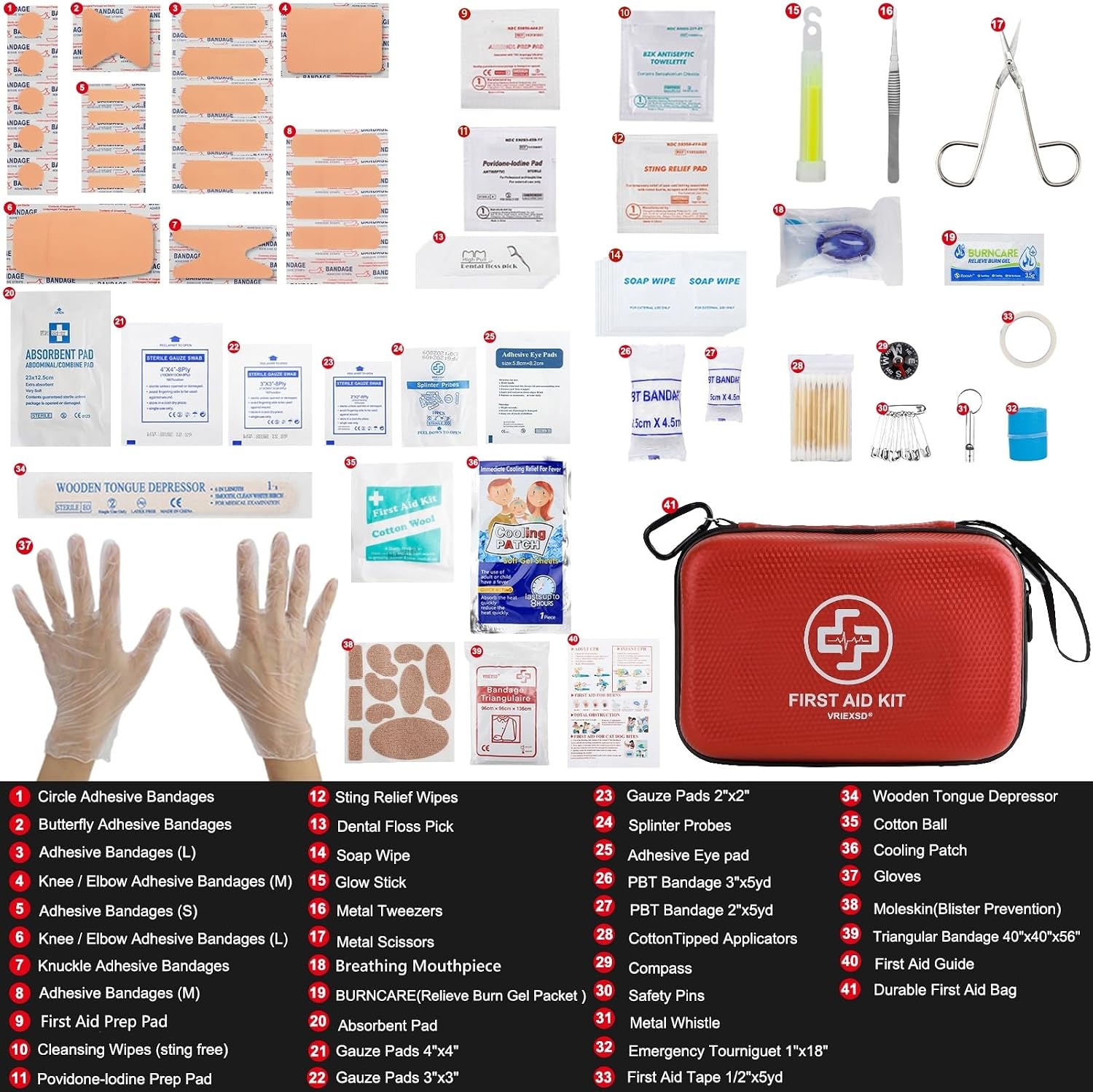 VRIEXSD Premium 320-Piece First Aid Kit, Waterproof EVA Hard Shell Case,Red - Image 3