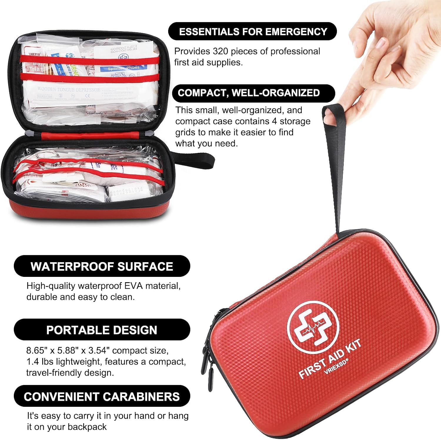VRIEXSD Premium 320-Piece First Aid Kit, Waterproof EVA Hard Shell Case,Red - Image 4
