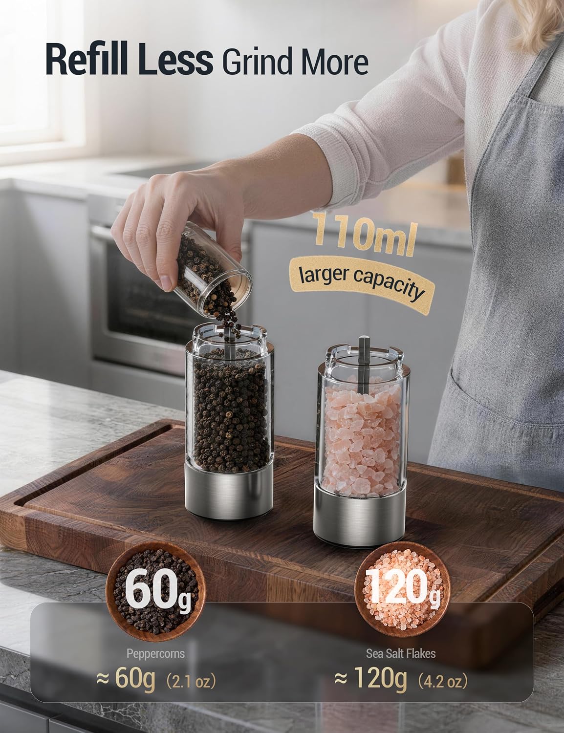ThermoMaven Upgraded Larger Capacity Electric Salt and Pepper Grinder Set, 110ml Rechargeable Salt and Pepper Shaker with LED Light, Stainless Steel Automatic Pepper Mill with 6 Adjustable Coarseness - Image 6