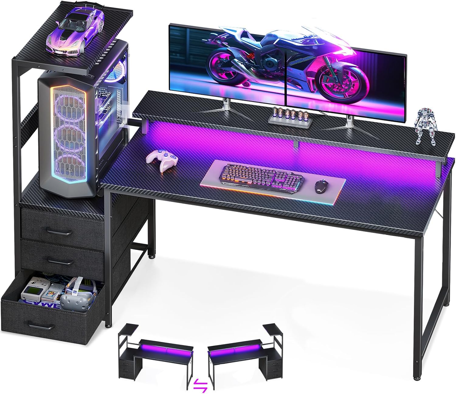 AODK Gaming Desk w/PC Showcase Stand, 59" Reversible, RGB LED