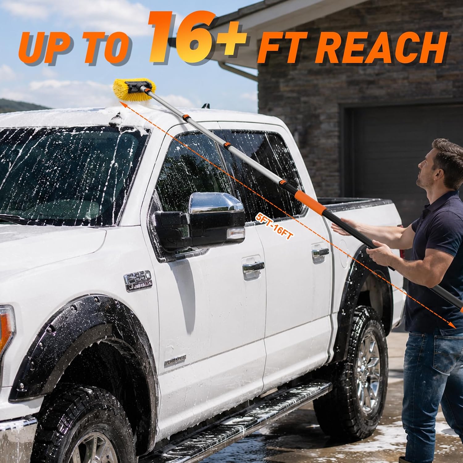 SISUPASSIE Car Wash Brush, 16FT Telescopic Car Wash Brush with Long Handle, 12-Inch Soft Bristle Car Cleaning Brush for Cleaning Car, RV, Truck, Boat, Solar Panels - Image 7
