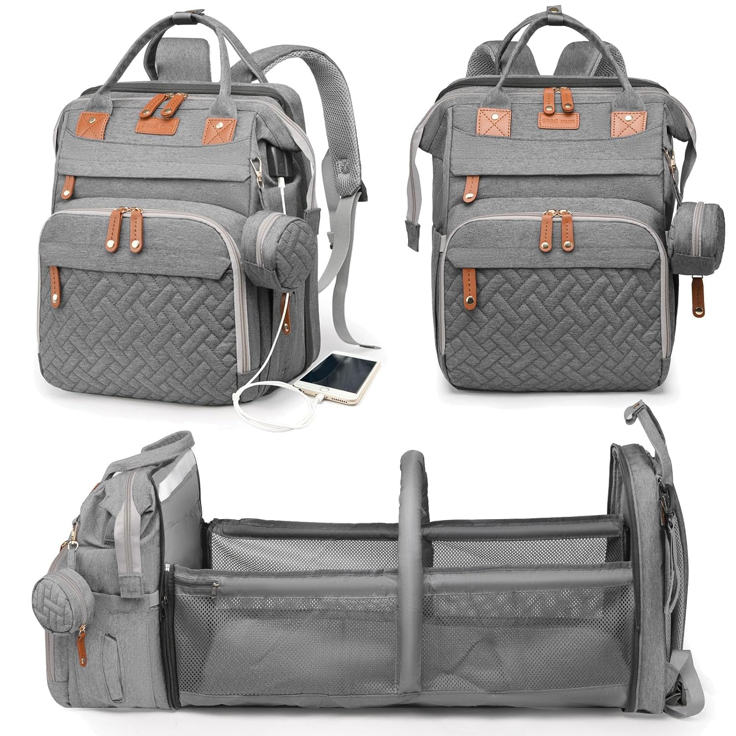 Astro alan Baby Diaper Bag with Changing Station, Waterproof Diaper Bag Backpack for Moms Dads with USB Charging Port, Baby Shower Gifts, Baby essentials,Grey