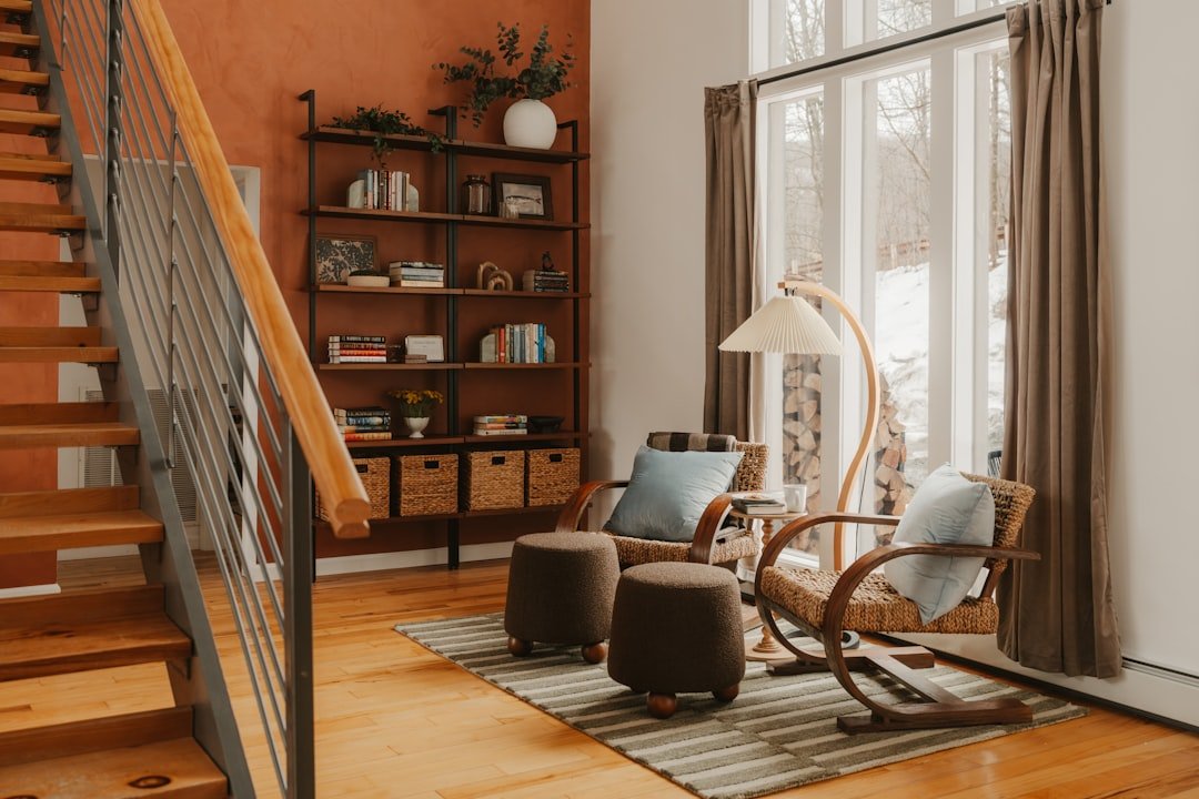 Cozy living room with rocking chairs and bookshelf
